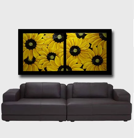 Danielle Art Original Acrylic and Oil Paintings Sunflower diptych painting above a brown leather sofa.