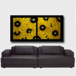 Danielle Art Original Acrylic and Oil Paintings Sunflower diptych painting above a brown leather sofa.