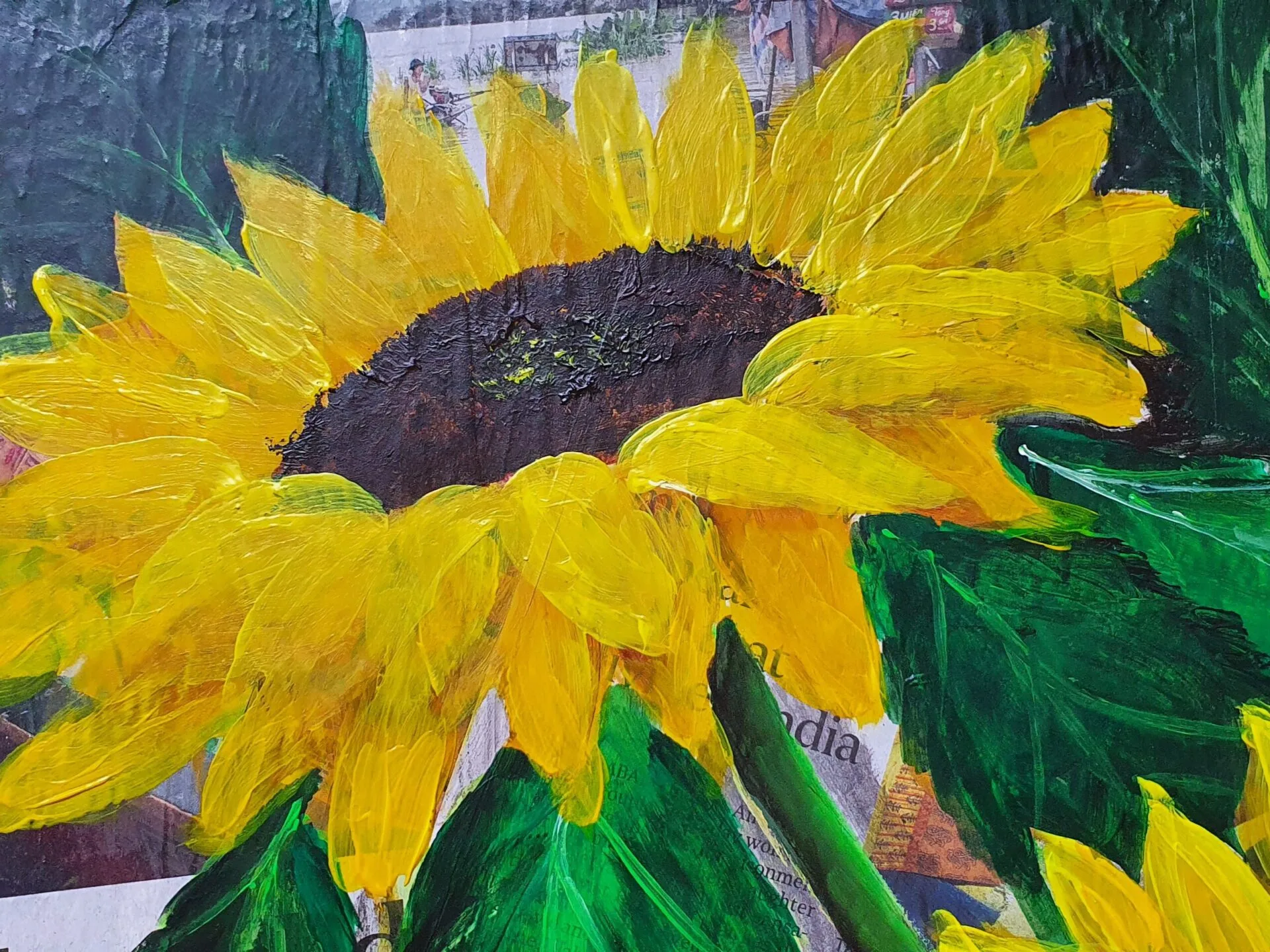 Danielle Art Original Acrylic and Oil Paintings Vibrant sunflower painting with bright yellow petals and dark brown center on newspaper collage background.