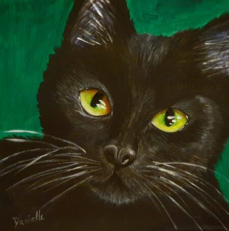 Danielle Art Original Acrylic and Oil Paintings Original Acrylic Painting – Blackie: Black cat portrait with striking green eyes and white whiskers.