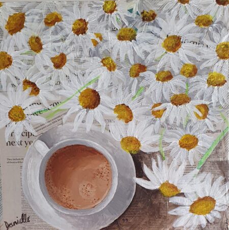 Danielle Art Original Acrylic and Oil Paintings ORIGINAL ACRYLIC PAINTING – Coffee and Flowers: Cup of coffee with white daisies on newspaper by Danielle Siauw