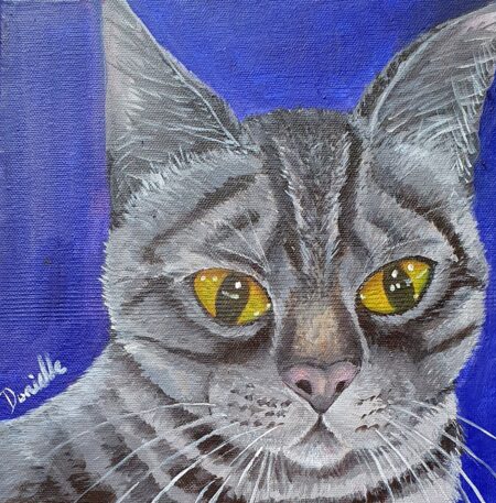 Danielle Art Original Acrylic and Oil Paintings Gandalf the Grey acrylic painting: Grey tabby cat portrait with striking yellow eyes and a blue backdrop, by Danielle Siauw.
