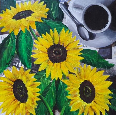 Danielle Art Original Acrylic and Oil Paintings Original Acrylic Painting – Sunflower & Coffee: Still life of sunflowers and coffee cup on newspaper by Danielle Siauw