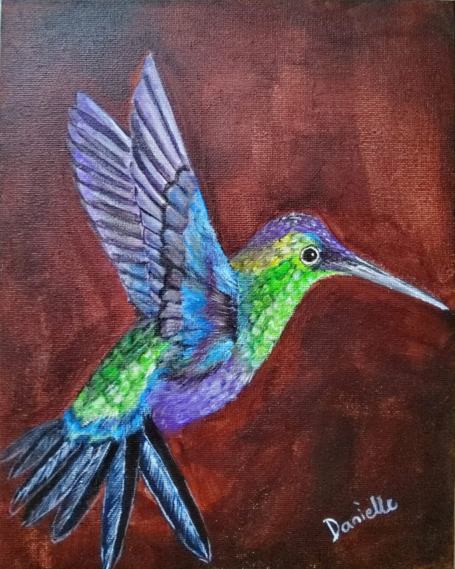 Danielle Art Original Acrylic and Oil Paintings Original Acrylic Painting – Hummingbird: Colorful hummingbird in flight, a vibrant and unique artwork.
