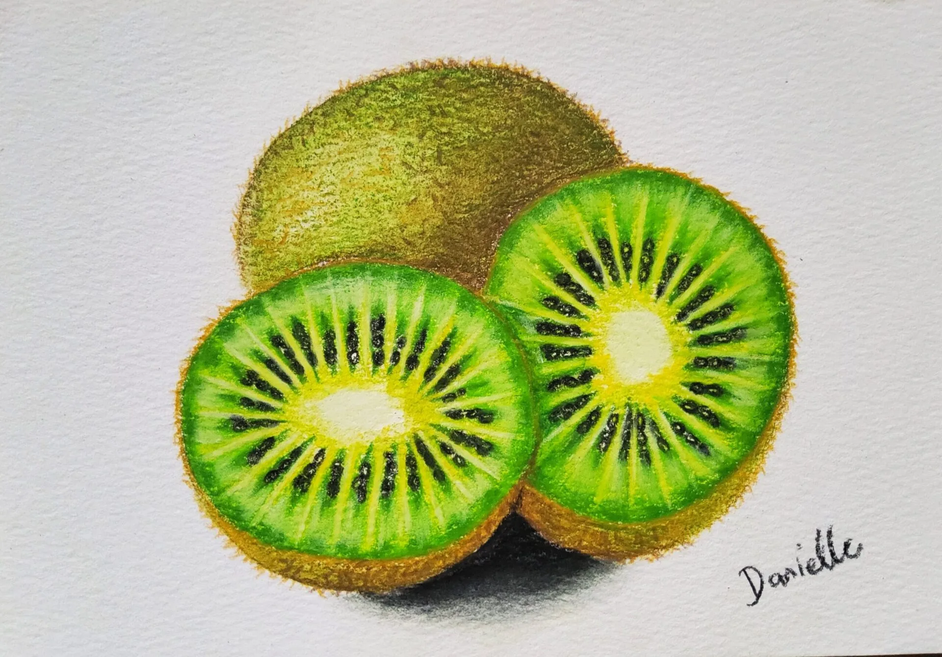 Danielle Art Original Acrylic and Oil Paintings Watercolor painting of three kiwis, two sliced open showing green flesh and black seeds, by Danielle Siauw.