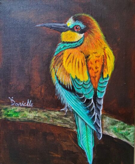 Danielle Art Original Acrylic and Oil Paintings Colorful bee-eater bird painting by Danielle Siauw perched on a branch.