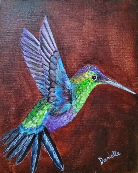 Danielle Art Original Acrylic and Oil Paintings Original Acrylic Painting – Hummingbird: Colorful hummingbird in flight, a vibrant and unique artwork.