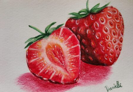 Danielle Art Original Acrylic and Oil Paintings Original Drawing: Watercolor painting of a halved strawberry and a whole strawberry with green leaves.