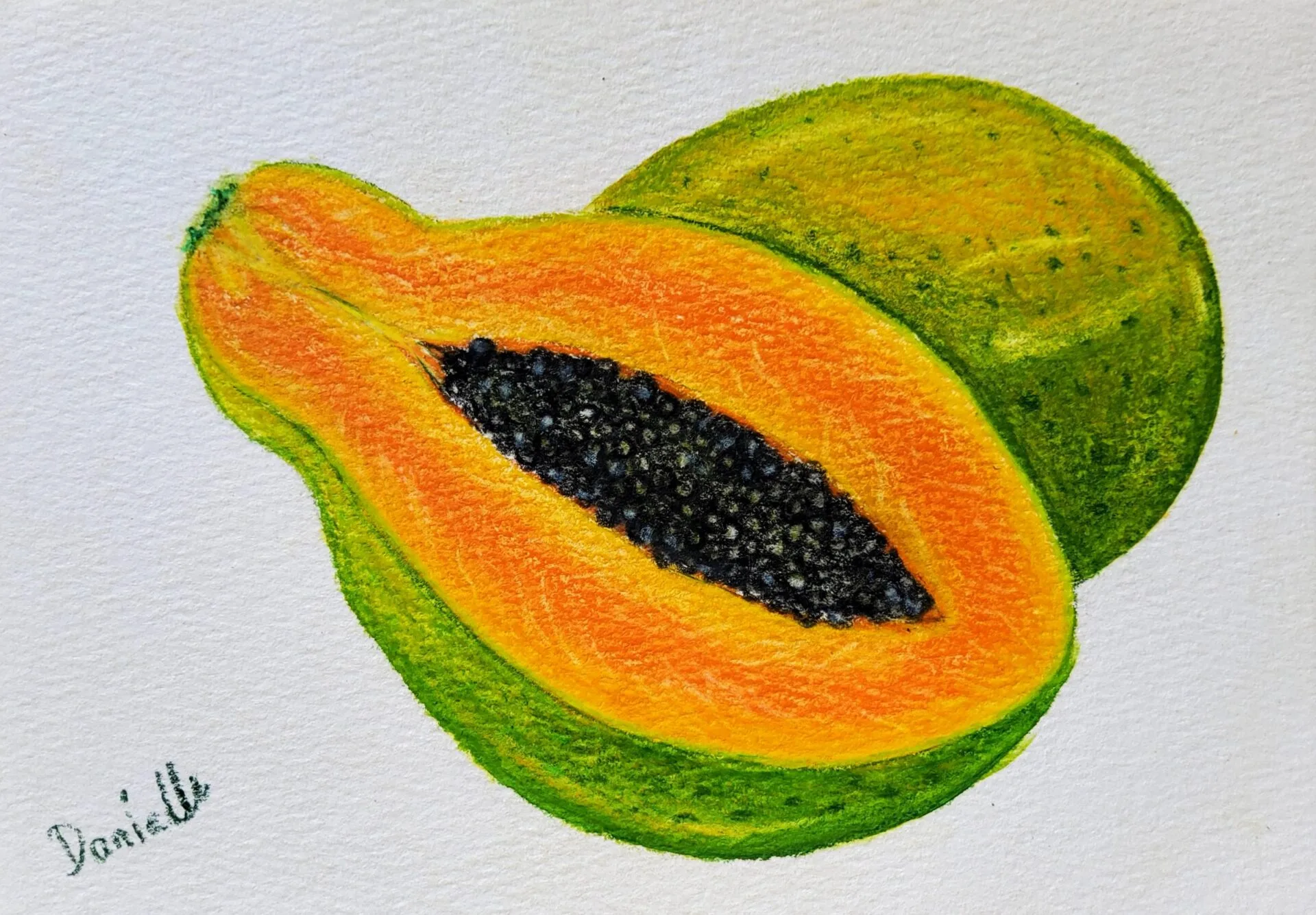 Danielle Art Original Acrylic and Oil Paintings Original Drawing – Papaya: Watercolor painting of a halved papaya showing seeds, next to a whole papaya.