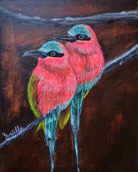 Danielle Art Original Acrylic and Oil Paintings Original Acrylic Painting: Colourful Bee-eaters perched on a branch. Bird art.