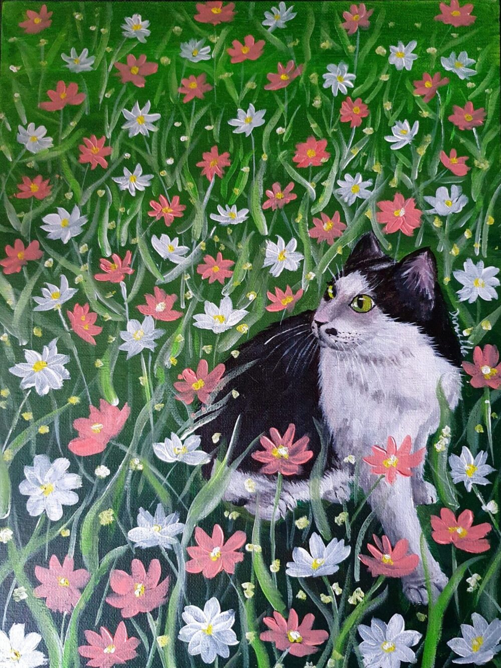 Original Acrylic Painting - Oreo Smelling Flowers 1