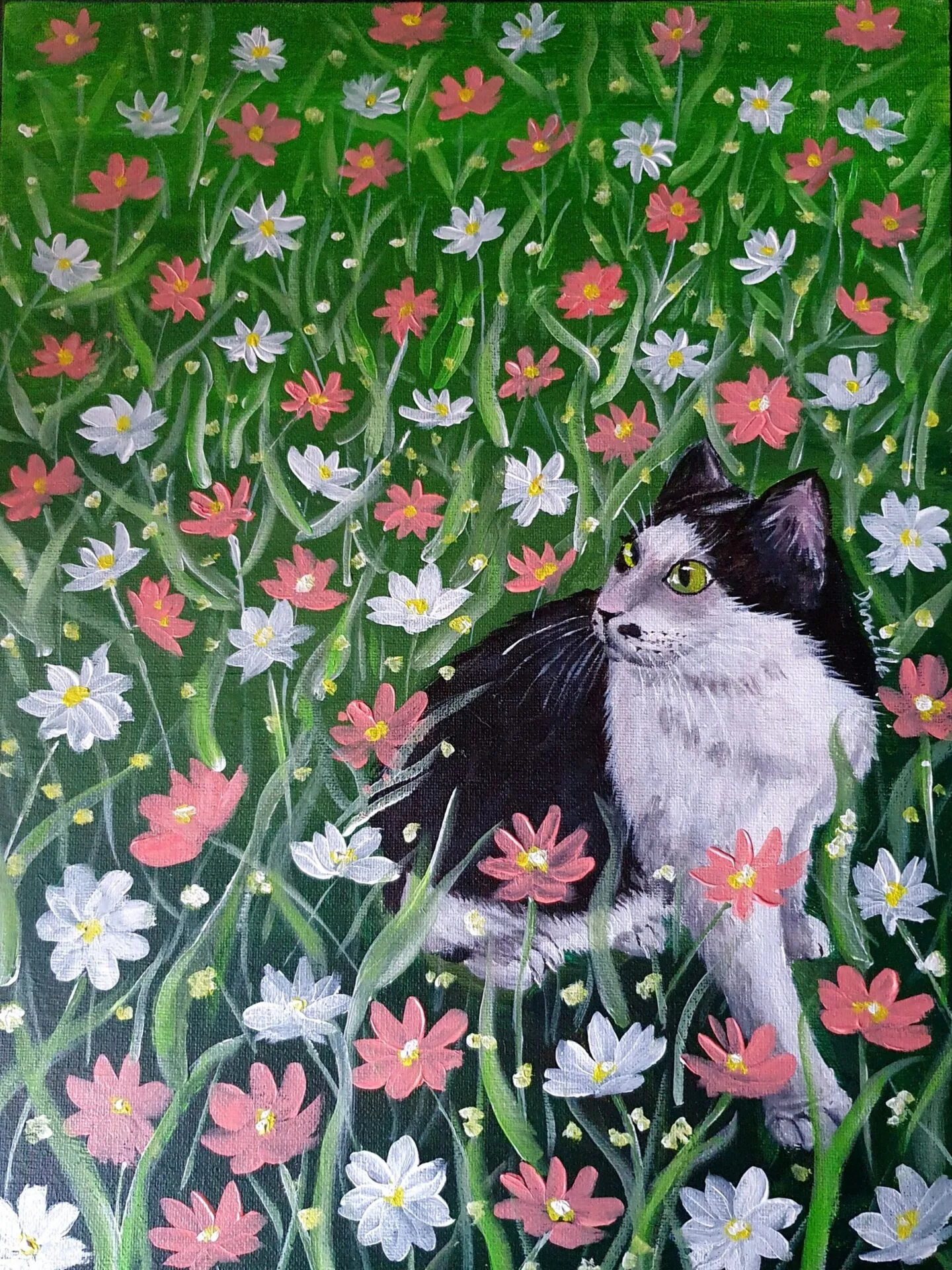 Danielle Art Original Acrylic and Oil Paintings Original Acrylic Painting: Black and white cat lying in a field of pink and white flowers.