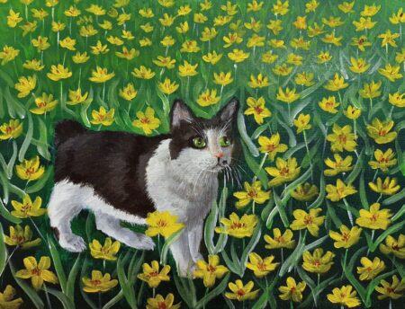 Danielle Art Original Acrylic and Oil Paintings Original Acrylic Painting – Oreo Smelling Flowers 2: Black and white cat amidst a field of vibrant yellow flowers.