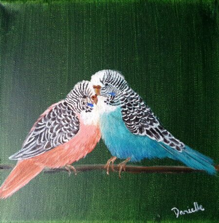 Danielle Art Original Acrylic and Oil Paintings Original Acrylic Painting – 2 Little Budgies: Two colorful birds perched on a branch, a bird art piece.