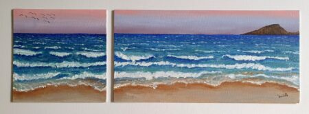 Danielle Art Original Acrylic and Oil Paintings Original Acrylic Painting – Dusk at the Beach: Two-panel seascape with waves, sand, birds, and island.