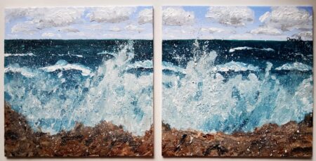 Danielle Art Original Acrylic and Oil Paintings Original Acrylic Painting – Waves Thrashing the Rocks: Dynamic ocean scene with crashing waves and rocky shore