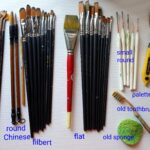 Danielle Art Original Acrylic and Oil Paintings Artist's painting brushes: fan, round, filbert, flat, plus palette knives, toothbrush, and sponge.
