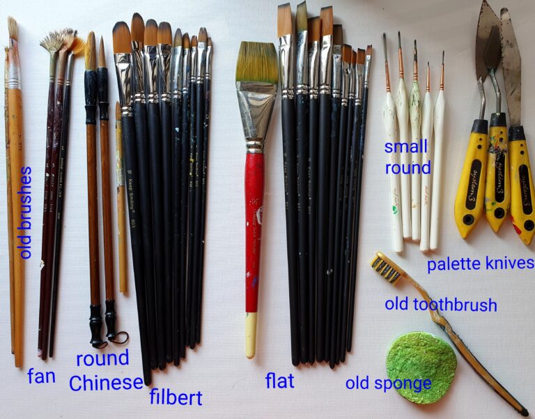 Danielle Art Original Acrylic and Oil Paintings Artist's painting brushes: fan, round, filbert, flat, plus palette knives, toothbrush, and sponge.