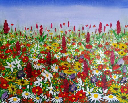 Danielle Art Original Acrylic and Oil Paintings Original Acrylic Painting – Wild Flowers 2: A colorful field of flowers in red, yellow, white, and purple.