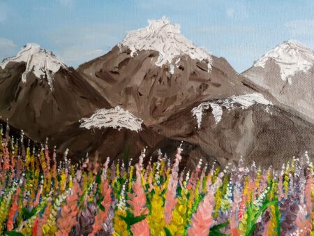 Danielle Art Original Acrylic and Oil Paintings Painting of snow-capped mountains rising above a colorful field of lupine flowers.