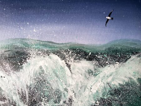 Danielle Art Original Acrylic and Oil Paintings Seascape painting with crashing waves and a seagull in flight against a blue sky.