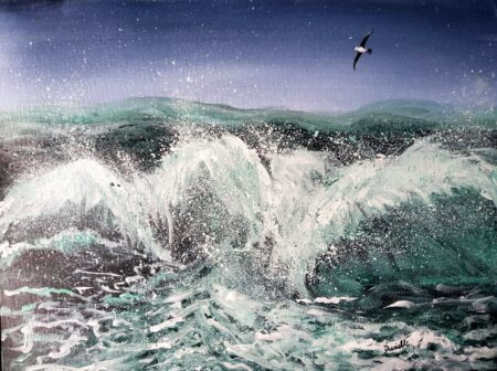 Danielle Art Original Acrylic and Oil Paintings Original Acrylic Painting – Tempest: A dynamic ocean wave with a seagull flying above, painted by Danielle Siauw.