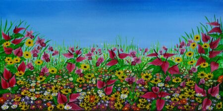 Danielle Art Original Acrylic and Oil Paintings Original acrylic painting – Wild Flowers 5: A vibrant pasture scene with red, yellow, and white wildflowers.
