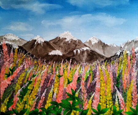 Danielle Art Original Acrylic and Oil Paintings Original Acrylic Painting – Wild Flowers 3: Colorful lupine field with snow-capped mountains under blue sky.