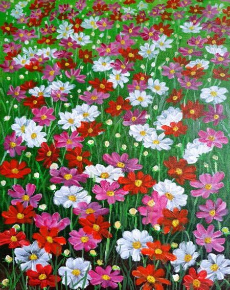 Danielle Art Original Acrylic and Oil Paintings Original Acrylic Painting – Wild Flowers 4: A vibrant field of red, pink, and white wildflowers on green