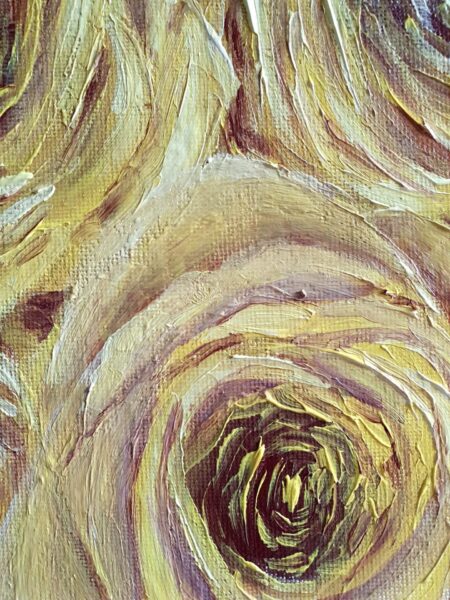 Danielle Art Original Acrylic and Oil Paintings Abstract oil painting of swirling yellow and brown roses on canvas.