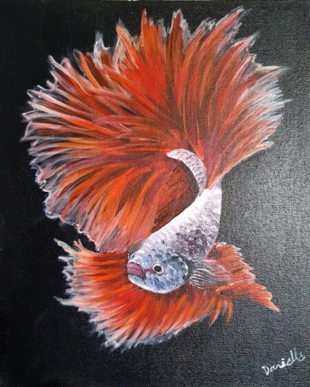 Danielle Art Original Acrylic and Oil Paintings Fighting Fish 1: Painting of a vibrant orange and white fighting fish with flowing fins on black background.