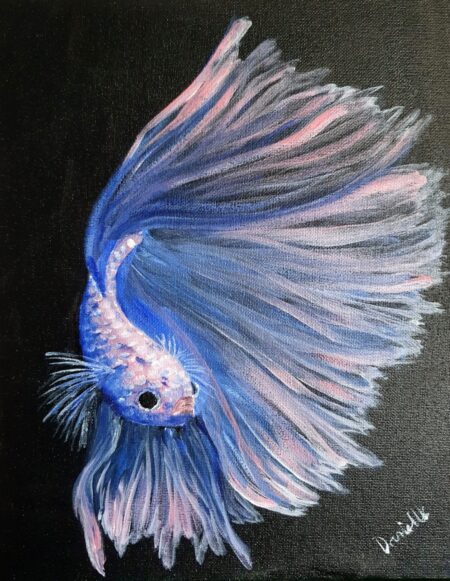 Danielle Art Original Acrylic and Oil Paintings Fightjng Fish 3: Acrylic painting of a blue and pink Betta fish with flowing fins on black background by Danielle Siauw