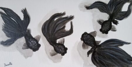 Danielle Art Original Acrylic and Oil Paintings Original Acrylic Painting – Black Goldfishes: A serene artwork featuring four elegant black goldfish swimming