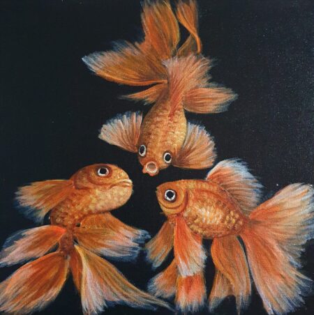 Danielle Art Original Acrylic and Oil Paintings Original Acrylic Painting- Goldfish 1: Three vibrant goldfish swimming in dark water.