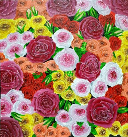 Danielle Art Original Acrylic and Oil Paintings Original Acrylic Painting – La Vie en Rose: Colorful rose arrangement in red, pink, yellow, orange, and white.