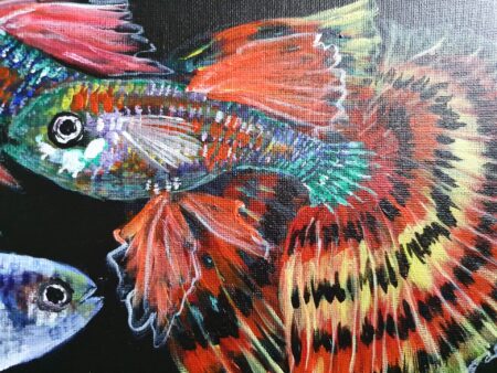 Danielle Art Original Acrylic and Oil Paintings Colorful guppy fish painting with intricate details and vibrant fins.