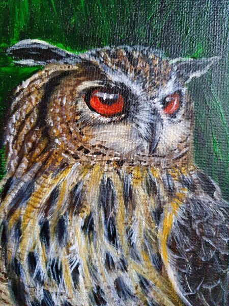 Danielle Art Original Acrylic and Oil Paintings Eagle owl portrait with striking red eyes against a dark green background.