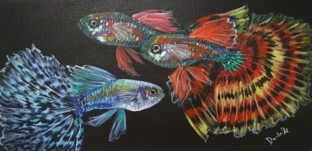 Danielle Art Original Acrylic and Oil Paintings Original Acrylic Painting – Guppies 2: A vibrant acrylic painting of colorful guppy fish swimming against a black background.