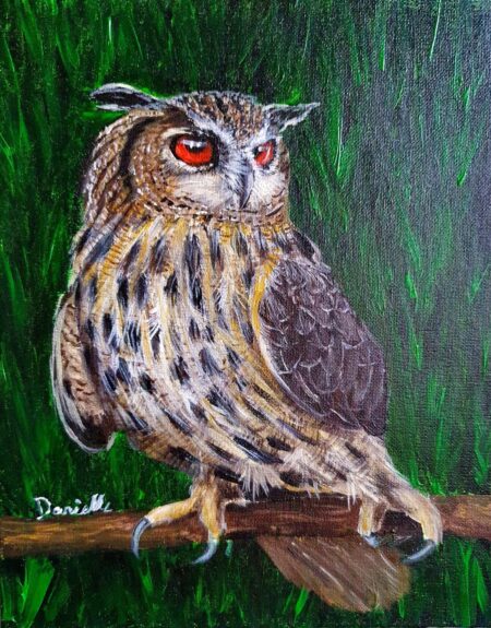 Danielle Art Original Acrylic and Oil Paintings Original Acrylic Painting – Owl 2: Detailed painting of an owl perched on a branch with green background.