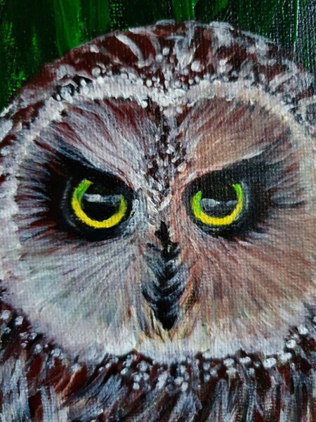 Danielle Art Original Acrylic and Oil Paintings Close-up painting of an owl's intense gaze, by Danielle Siauw