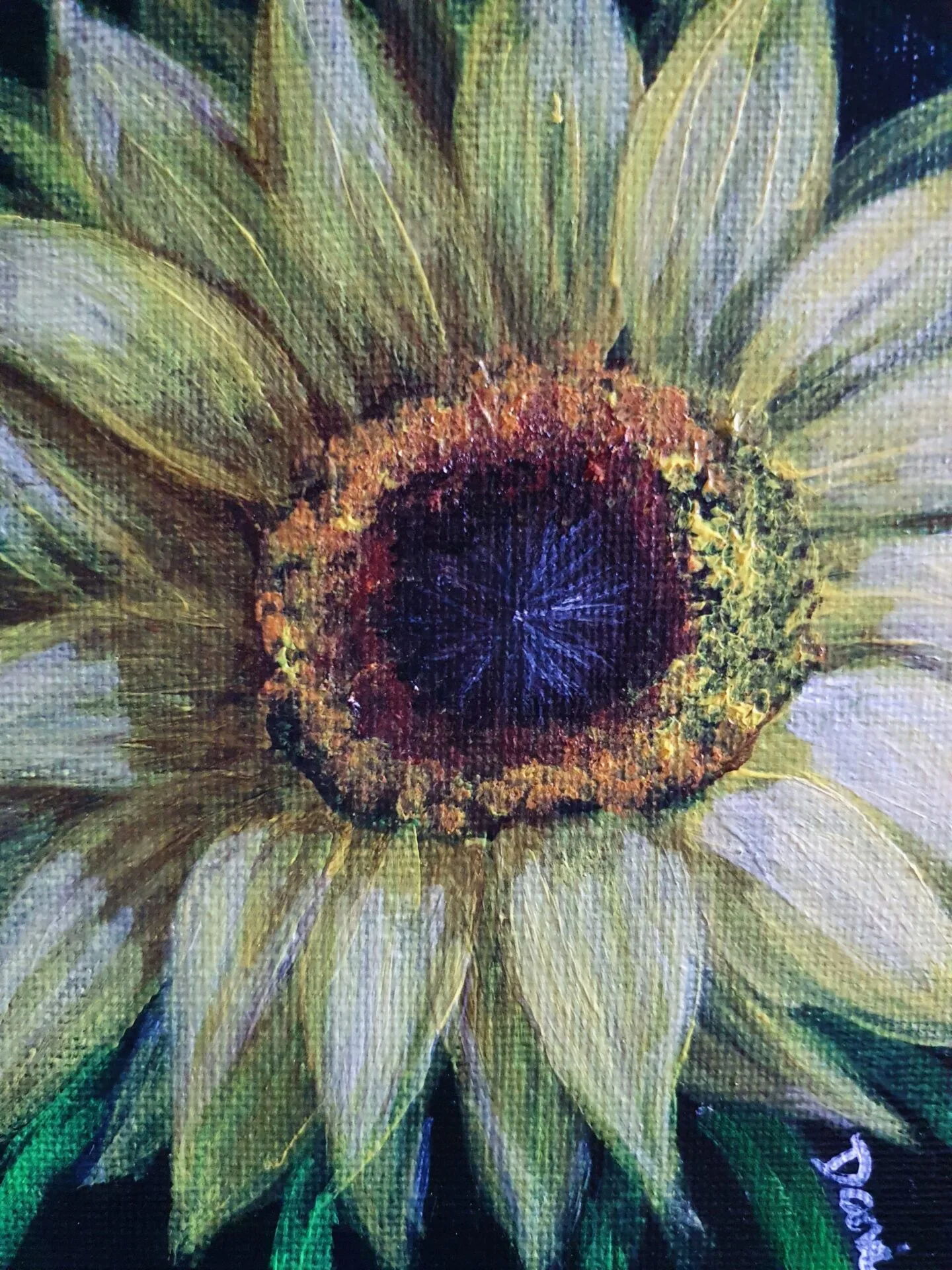 Danielle Art Original Acrylic and Oil Paintings Acrylic painting of a close-up of a vibrant sunflower with green and yellow petals.