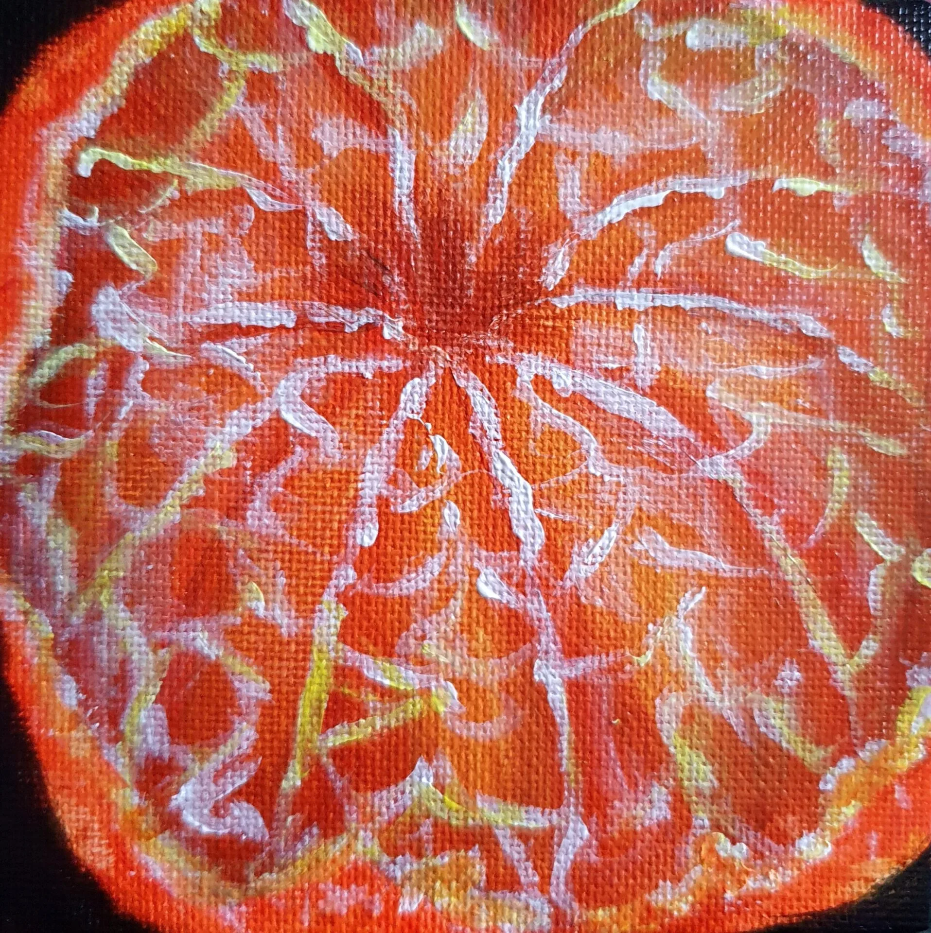 Danielle Art Original Acrylic and Oil Paintings Original Acrylic Painting – Mandarin Orange 3: Close-up of vibrant orange slice with white and yellow details.