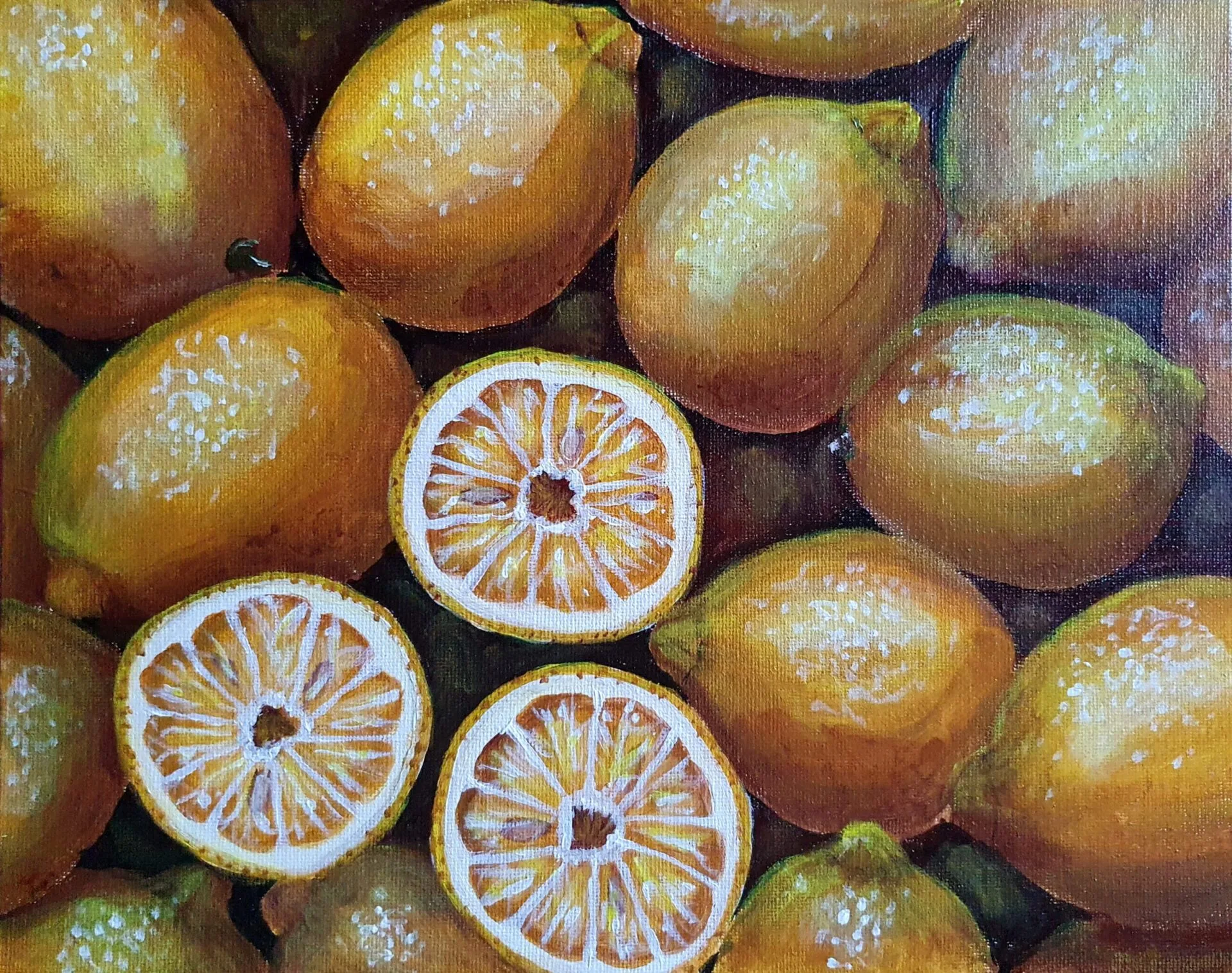 Danielle Art Original Acrylic and Oil Paintings Original Acrylic Painting – When Life Gives You Lemons…: A vibrant still life of salted lemons, whole and halved.