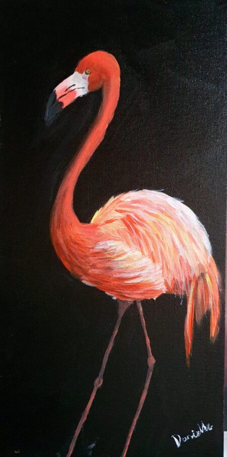 Danielle Art Original Acrylic and Oil Paintings New Acrylic Painting – Flamingo 2: Vivid flamingo portrait against a dark background, painted by Danielle Siauw.