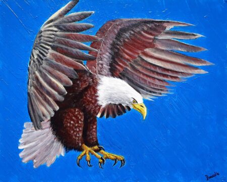 Danielle Art Original Acrylic and Oil Paintings New Acrylic Painting - Bald Eagle Takes Flight: Danielle Siauw's vibrant depiction of an eagle in flight against a blue sky.