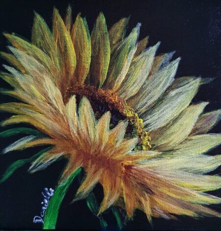 Danielle Art Original Acrylic and Oil Paintings Sunflower 1 acrylic painting: vibrant yellow petals on black, a Danielle Siauw artwork.