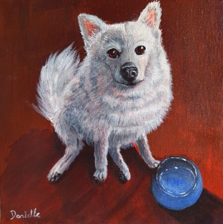Danielle Art Original Acrylic and Oil Paintings New Acrylic Painting – White Doggy: Painting of a fluffy white dog sitting by its blue bowl.