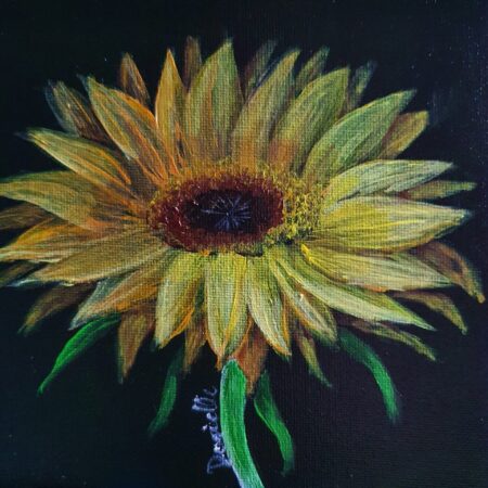 Danielle Art Original Acrylic and Oil Paintings New Acrylic Painting – Sunflower 3: A vibrant sunflower with yellow and orange petals against a dark background.