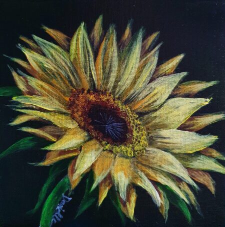 Danielle Art Original Acrylic and Oil Paintings New Acrylic Painting – Sunflower 4: Close-up of a vibrant sunflower with textured petals and a dark center.