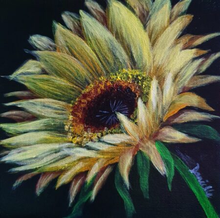 Danielle Art Original Acrylic and Oil Paintings Acrylic Painting - Sunflower 6: A vibrant sunflower with yellow petals against a dark background.